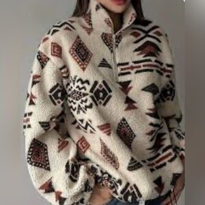 Aztec Print Half Zip Teddy Fleece Pullover XL